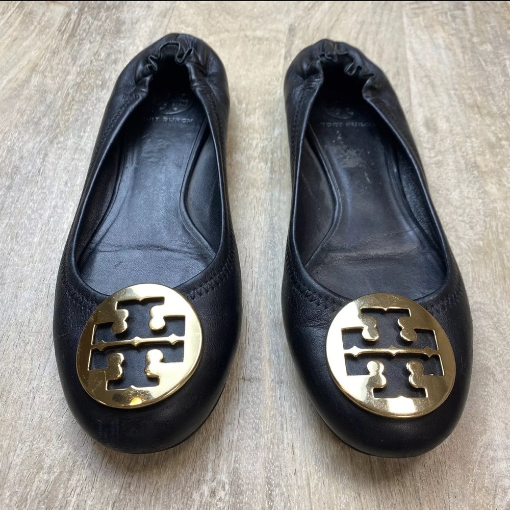 Tory Burch Reva Black Leather Flats Gold Logo Size 7.5